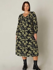 Live Unlimited Yellow Curve Ditsy Print Jersey Gathered Waist Midi Dress - Image 1 of 6