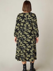 Live Unlimited Yellow Curve Ditsy Print Jersey Gathered Waist Midi Dress - Image 2 of 6