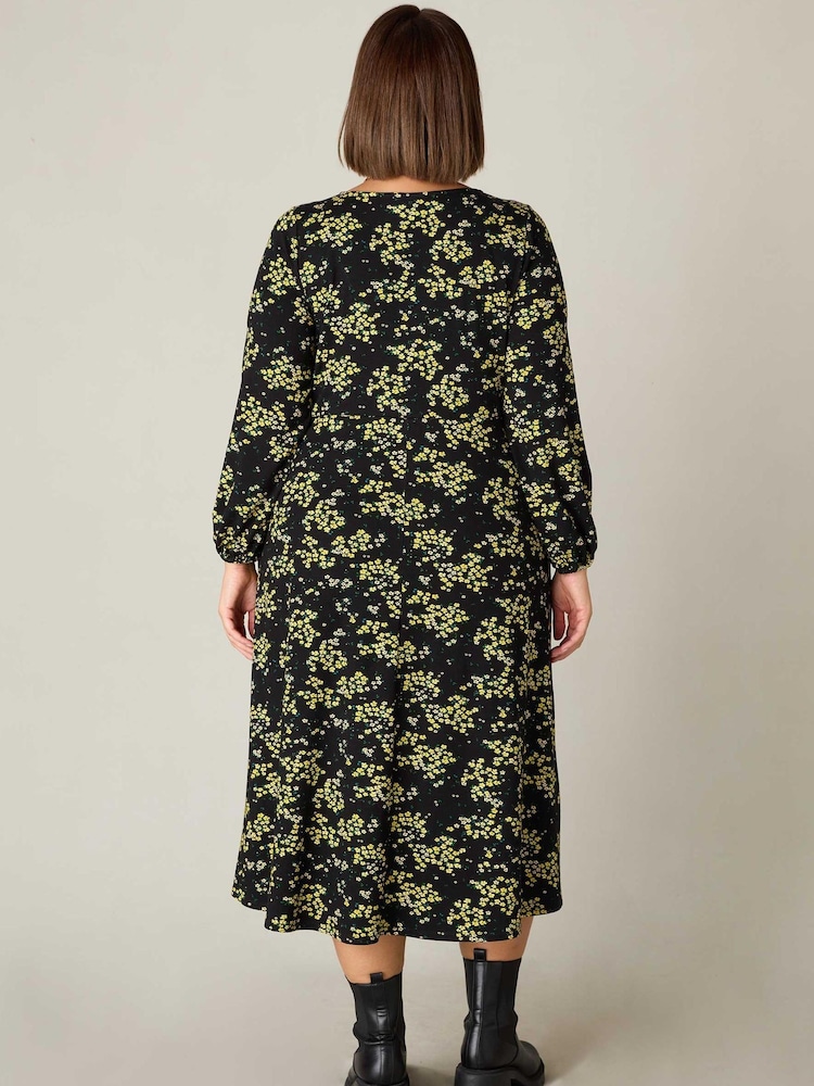 Live Unlimited Yellow Curve Ditsy Print Jersey Gathered Waist Midi Dress - Image 2 of 6