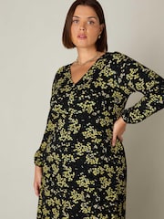 Live Unlimited Yellow Curve Ditsy Print Jersey Gathered Waist Midi Dress - Image 3 of 6