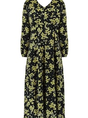 Live Unlimited Yellow Curve Ditsy Print Jersey Gathered Waist Midi Dress - Image 6 of 6