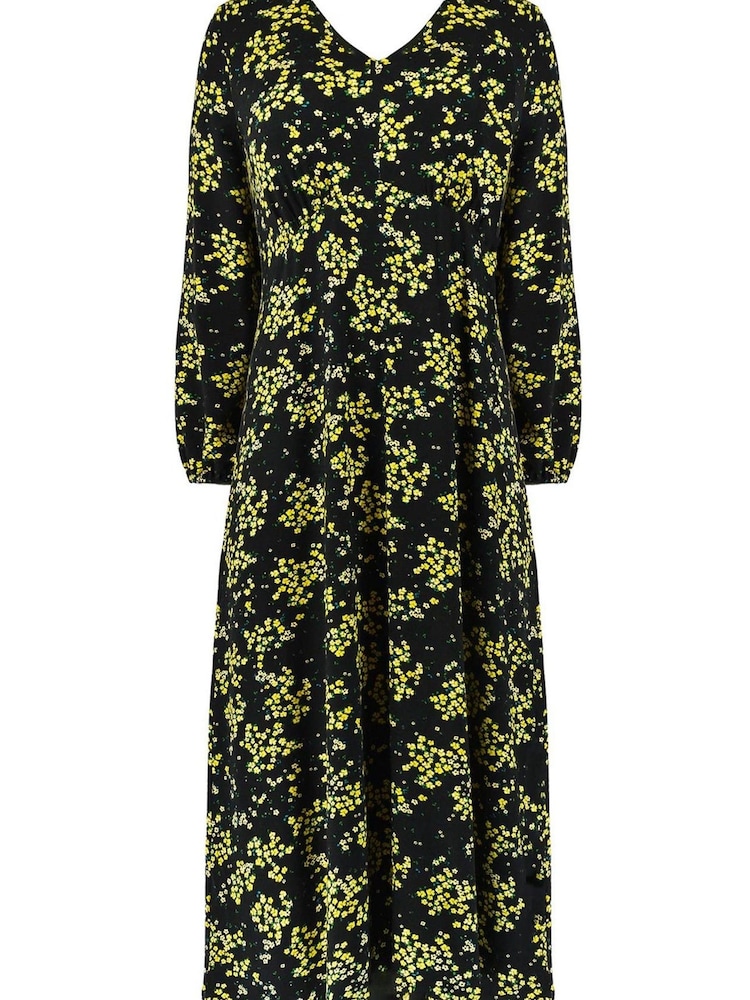 Live Unlimited Yellow Curve Ditsy Print Jersey Gathered Waist Midi Dress - Image 6 of 6
