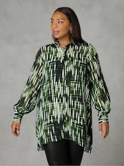 Live Unlimited Green Curve Blurred Print Ruched Front Blouse - Image 1 of 4
