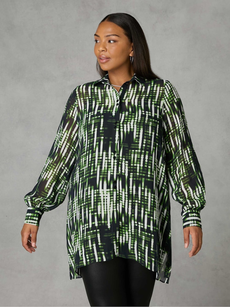Live Unlimited Green Curve Blurred Print Ruched Front Blouse - Image 1 of 4