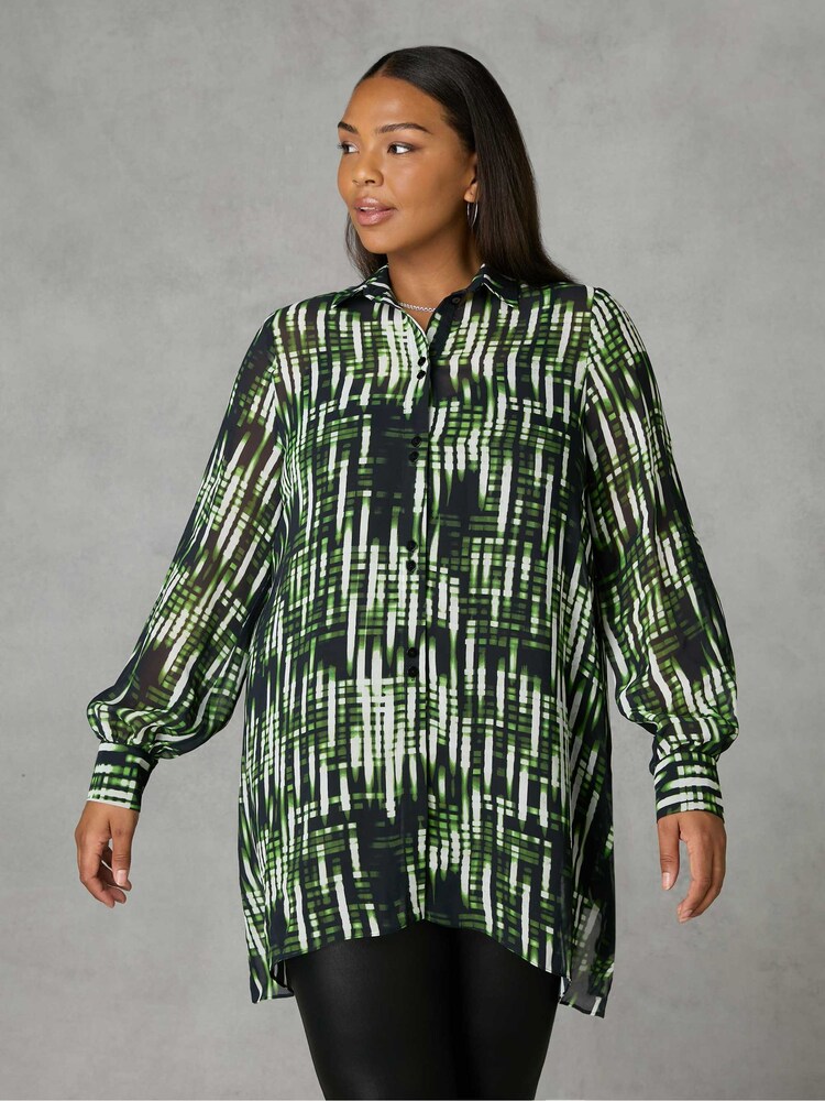 Live Unlimited Green Curve Blurred Print Ruched Front Blouse - Image 1 of 4 Live Unlimited Green Curve Blurred Print Ruched Front Blouse - Image 1 of 4