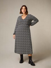 Live Unlimited Black Curve Mono Ditsy Print Jersey Gathered Waist Midi Dress - Image 1 of 4