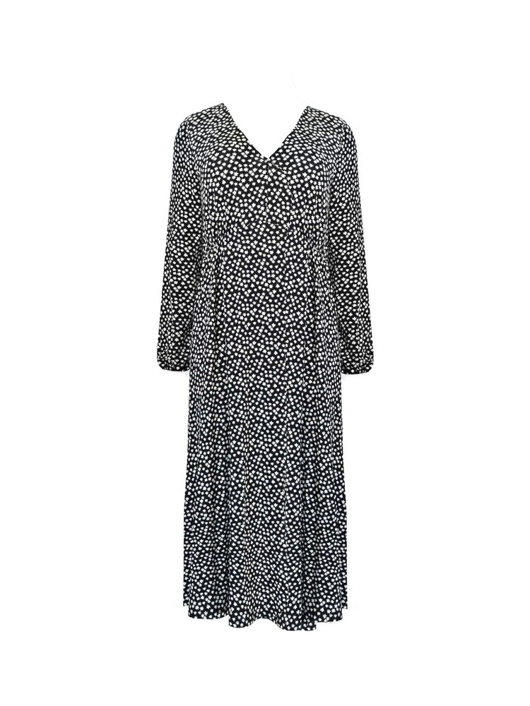 Live Unlimited Black Curve Mono Ditsy Print Jersey Gathered Waist Midi Dress - Image 4 of 4
