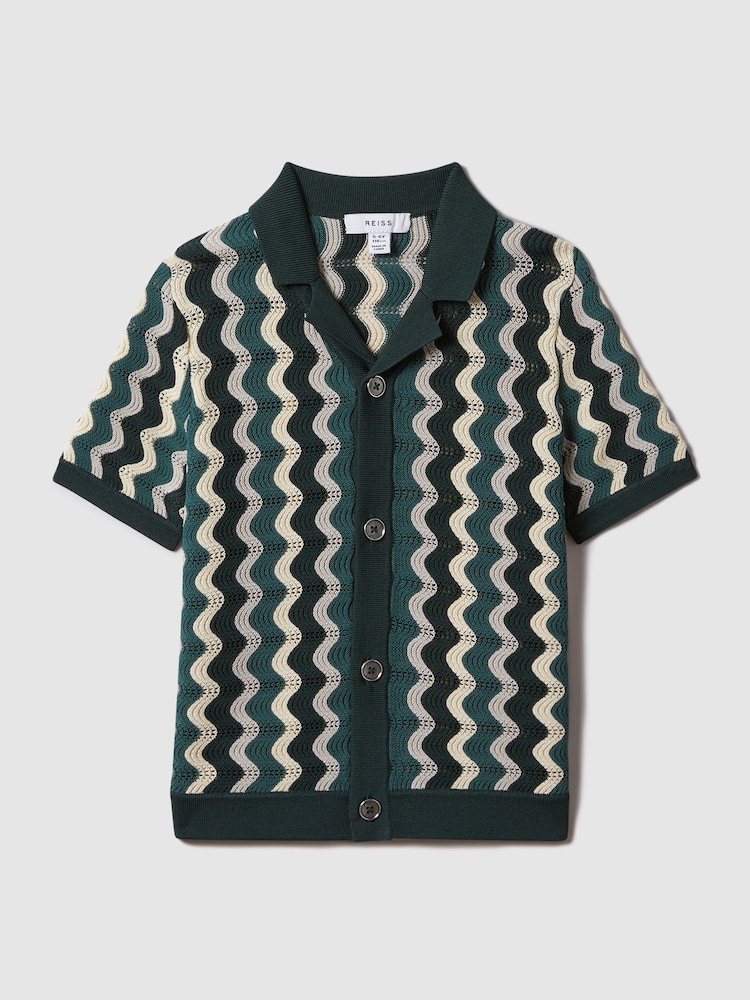 Reiss Green Multi Waves Teen Knitted Cuban Collar Shirt - Image 1 of 6