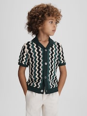 Reiss Green Multi Waves Teen Knitted Cuban Collar Shirt - Image 3 of 6