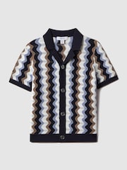 Reiss Blue Multi Waves Teen Knitted Cuban Collar Shirt - Image 1 of 6