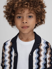 Reiss Blue Multi Waves Teen Knitted Cuban Collar Shirt - Image 4 of 6