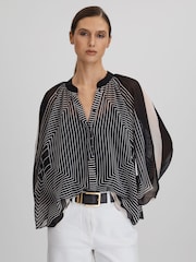 Reiss Black/Cream Charli Printed Button-Through Blouse - Image 1 of 6