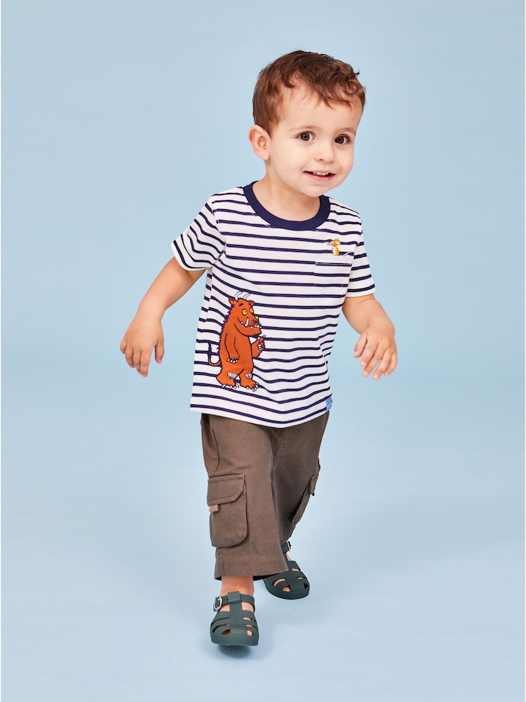 JoJo Maman Bébé Ecru Navy Stripe Gruffalo Appliqué T-Shirt - Image 5 of 5