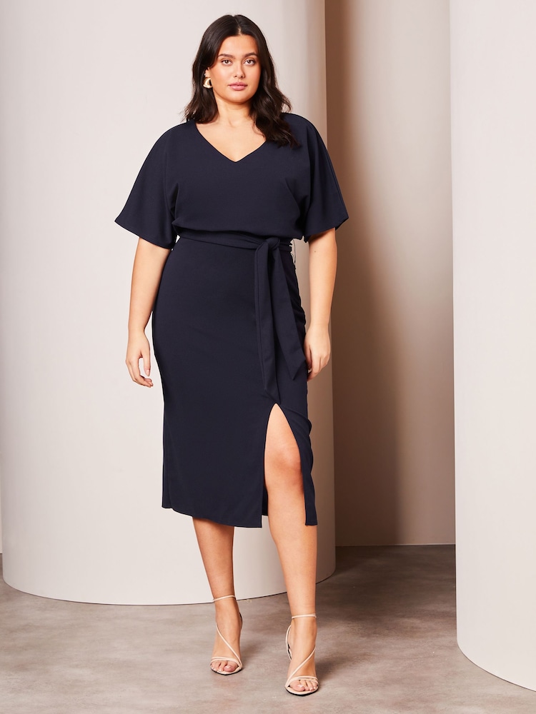 Lipsy Navy Blue Curve V Neck Flutter Sleeve Belted Midi Dress - Image 1 of 4 Lipsy Navy Blue Curve V Neck Flutter Sleeve Belted Midi Dress - Image 1 of 4