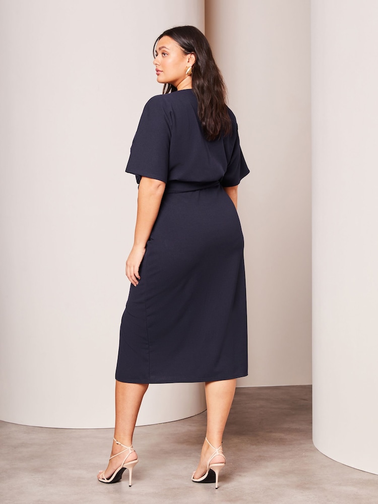 Lipsy Navy Blue Curve V Neck Flutter Sleeve Belted Midi Dress - Image 2 of 4 Lipsy Navy Blue Curve V Neck Flutter Sleeve Belted Midi Dress - Image 2 of 4