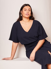 Lipsy Navy Blue Curve V Neck Flutter Sleeve Belted Midi Dress - Image 3 of 4