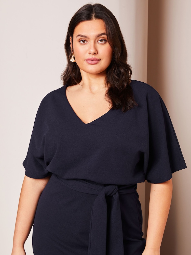 Lipsy Navy Blue Curve V Neck Flutter Sleeve Belted Midi Dress - Image 4 of 4 Lipsy Navy Blue Curve V Neck Flutter Sleeve Belted Midi Dress - Image 4 of 4