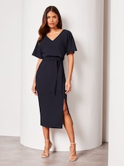 Donkerblauw - Lipsy midi-jurk met V-hals, ceintuur en fladdermouwtjes - Image 1 of 4