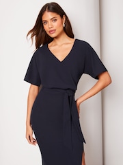 Donkerblauw - Lipsy midi-jurk met V-hals, ceintuur en fladdermouwtjes - Image 3 of 4