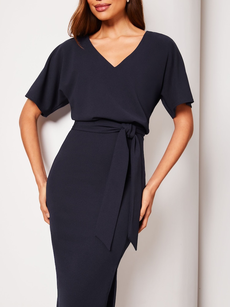 Donkerblauw - Lipsy midi-jurk met V-hals, ceintuur en fladdermouwtjes - Image 4 of 4