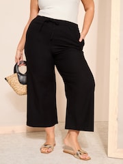 Curves Like These Black Cotton/ Linen Mix Wide Leg Crop Trousers - Image 1 of 4