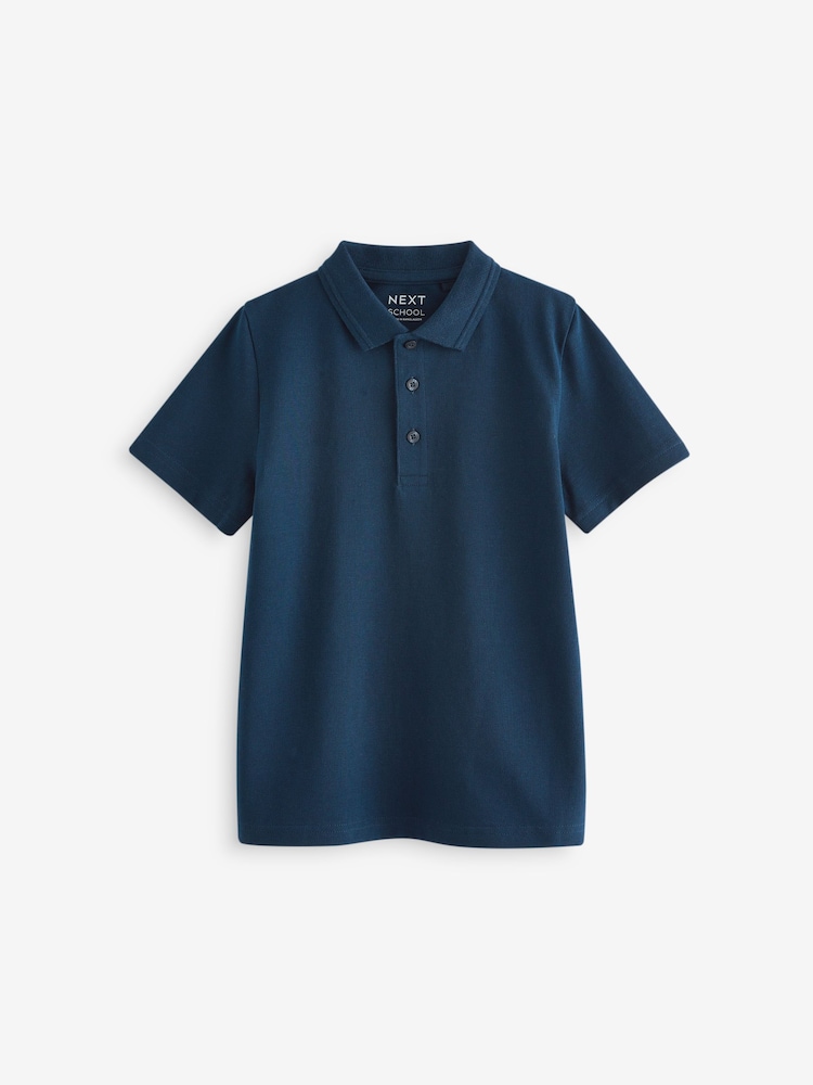 Navy Regular Fit Cotton School Short Sleeve 100% Cotton Polo Shirts 2 Pack (3-16yrs) - Image 2 of 4