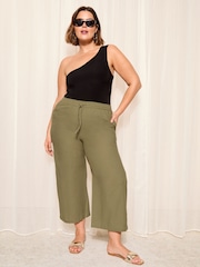 Curves Like These Khaki Green Cotton/ Linen Mix Wide Leg Crop Trousers - Image 1 of 4