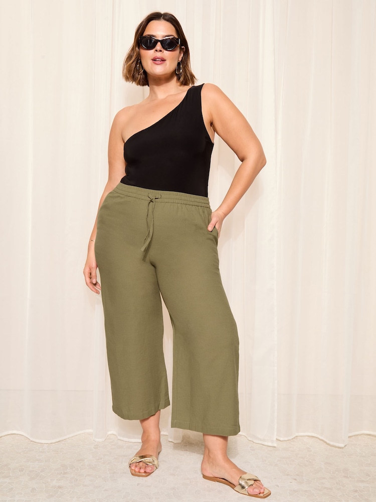 Curves Like These Khaki Green Cotton/ Linen Mix Wide Leg Crop Trousers - Image 1 of 4
