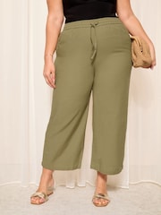 Curves Like These Khaki Green Cotton/ Linen Mix Wide Leg Crop Trousers - Image 2 of 4