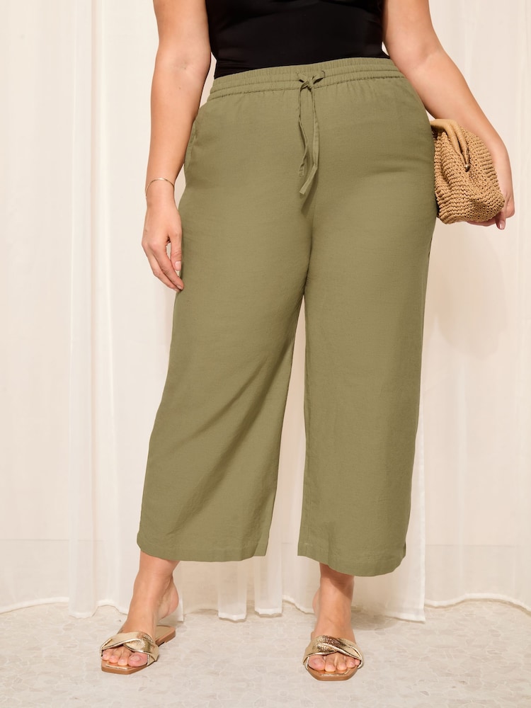 Curves Like These Khaki Green Cotton/ Linen Mix Wide Leg Crop Trousers - Image 2 of 4