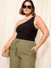 Curves Like These Khaki Green Cotton/ Linen Mix Wide Leg Crop Trousers - Image 3 of 4