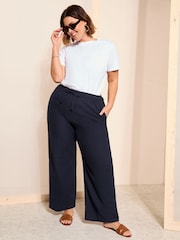 Curves Like These Navy Blue Cotton/ Linen Mix Wide Leg Trousers - Image 1 of 3