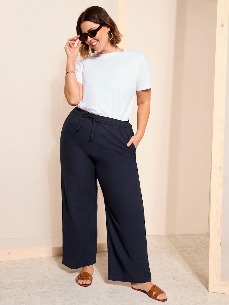 Curves Like These Navy Blue Cotton/ Linen Mix Wide Leg Trousers - Image 1 of 3