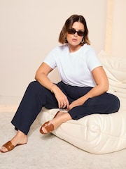 Curves Like These Navy Blue Cotton/ Linen Mix Wide Leg Trousers - Image 3 of 3