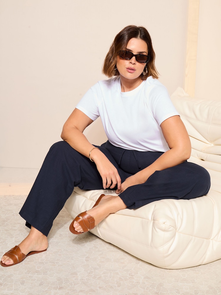 Curves Like These Navy Blue Cotton/ Linen Mix Wide Leg Trousers - Image 3 of 3