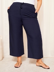 Curves Like These Navy Blue Cotton/ Linen Mix Wide Leg Crop Trousers - Image 1 of 4