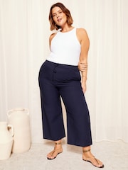 Curves Like These Navy Blue Cotton/ Linen Mix Wide Leg Crop Trousers - Image 2 of 4