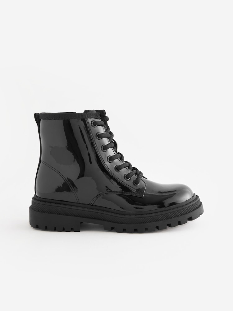 Black Patent Standard Fit (F) Warm Lined Lace-Up Ankle Boots - Image 1 of 5