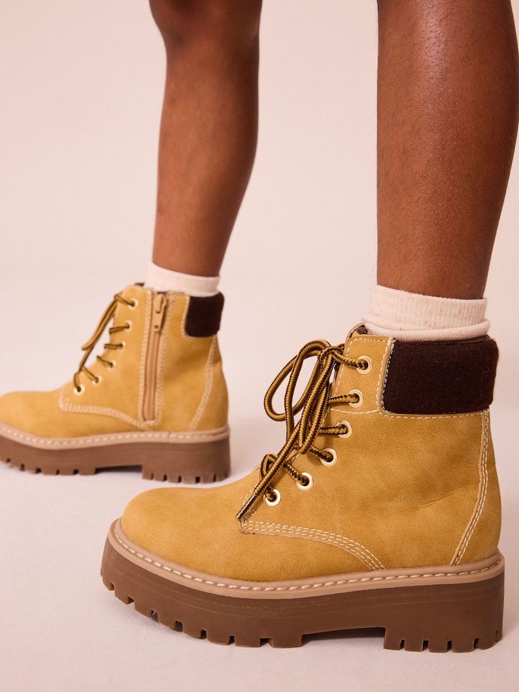 Tan Brown Lace-Up Chunky Boots - Image 1 of 7