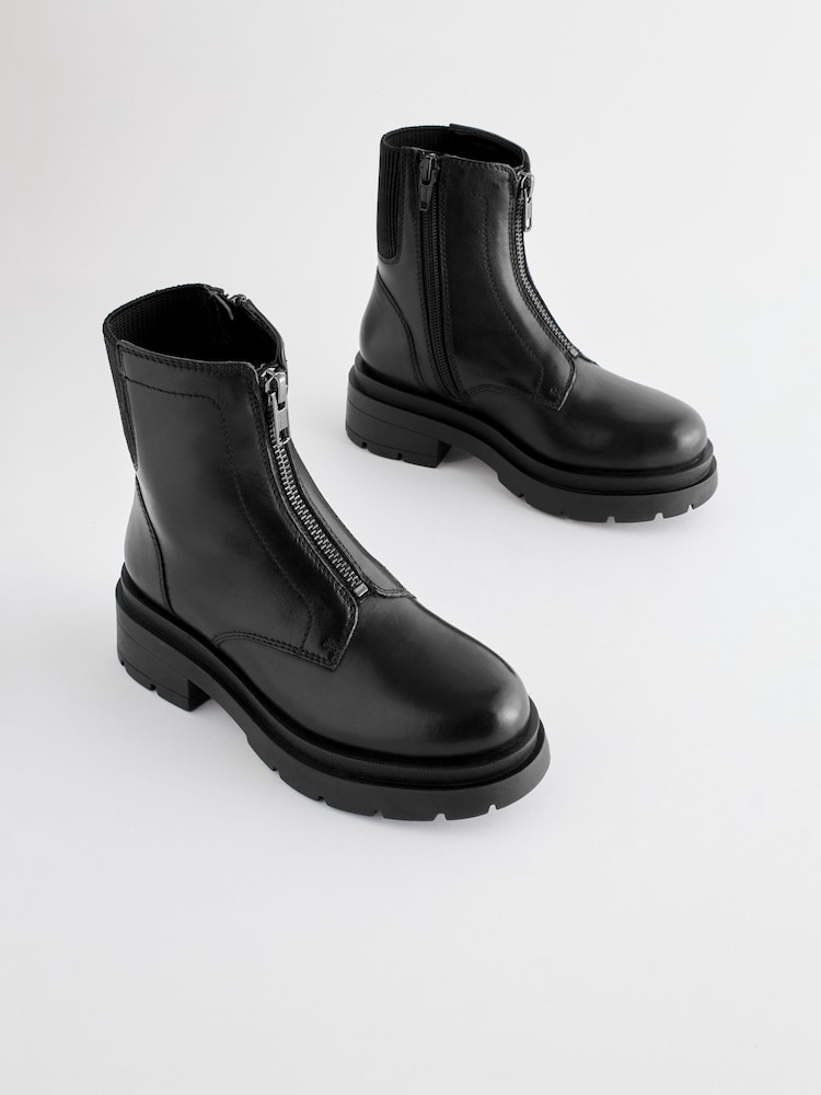 Black Leather Zip Front Chunky Chelsea Boots - Image 1 of 5