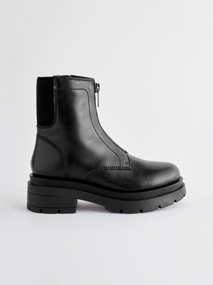 Black Leather Zip Front Chunky Chelsea Boots - Image 2 of 5