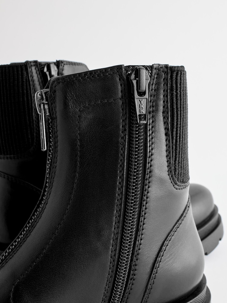 Black Leather Zip Front Chunky Chelsea Boots - Image 5 of 5