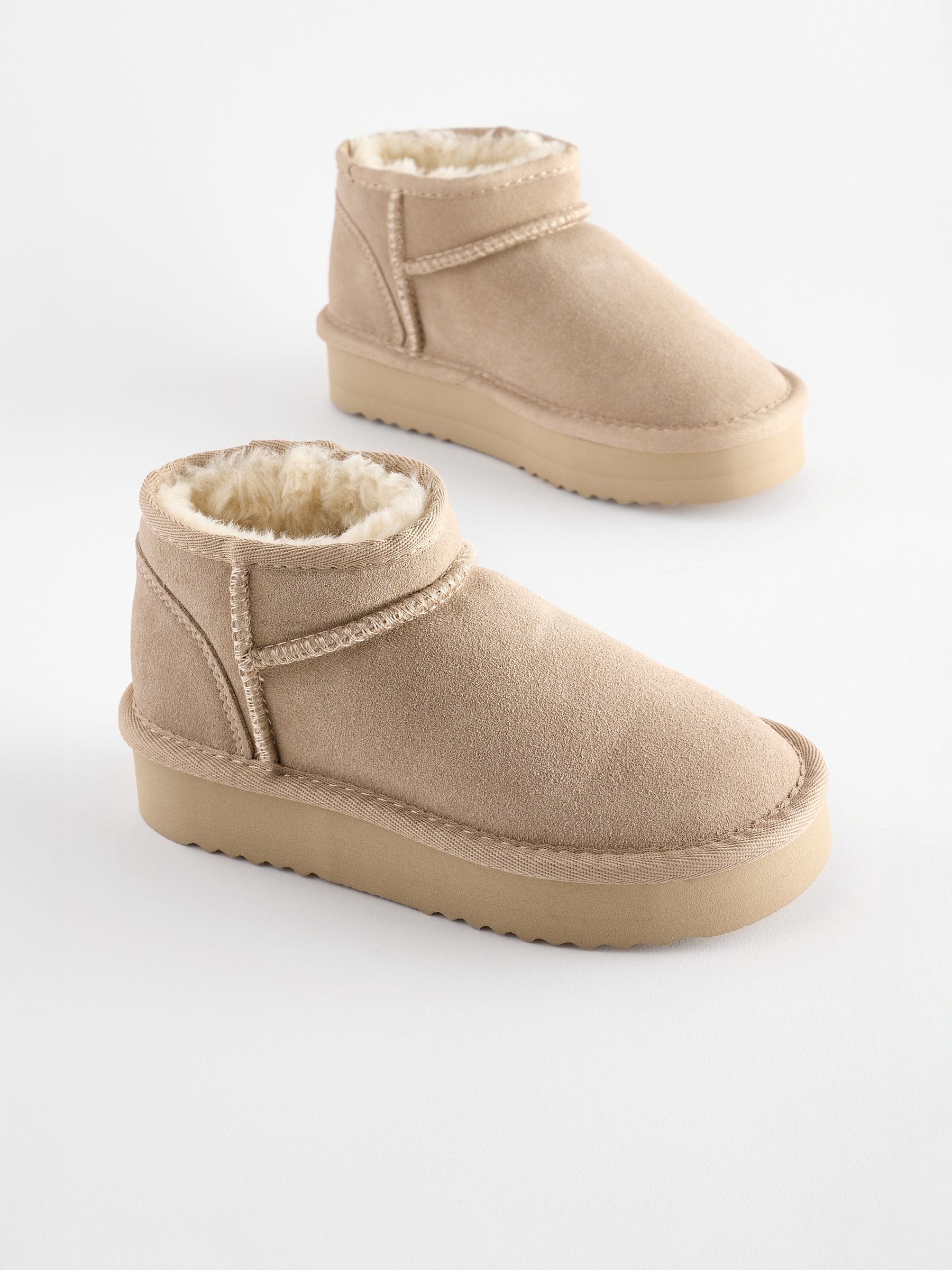 Neutral Suede Faux Fur Lined Pull On Ankle Boots