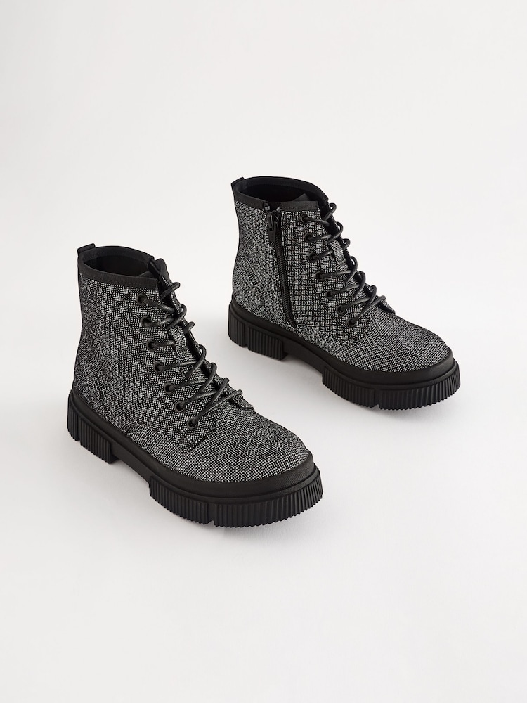 Black Glitter Standard Fit (F) Lace-Up Chunky Boots - Image 1 of 6
