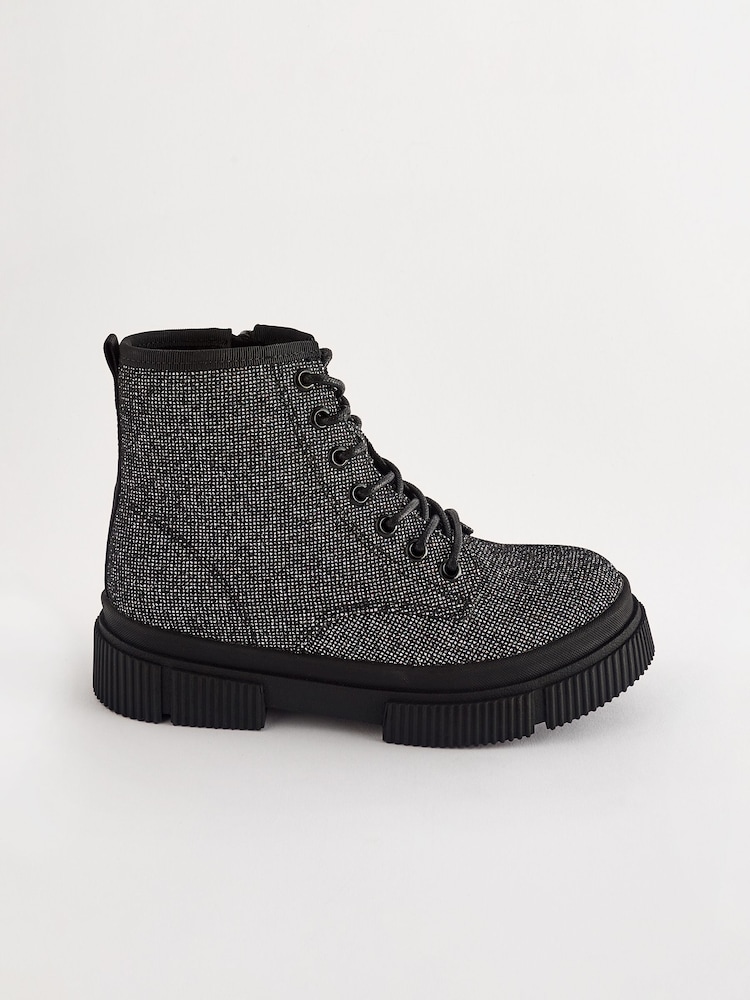 Black Glitter Standard Fit (F) Lace-Up Chunky Boots - Image 2 of 6