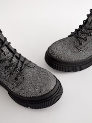 Black Glitter Standard Fit (F) Lace-Up Chunky Boots - Image 4 of 6