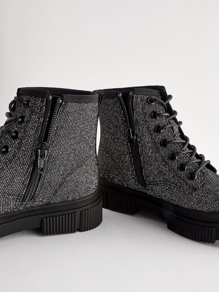 Black Glitter Standard Fit (F) Lace-Up Chunky Boots - Image 6 of 6