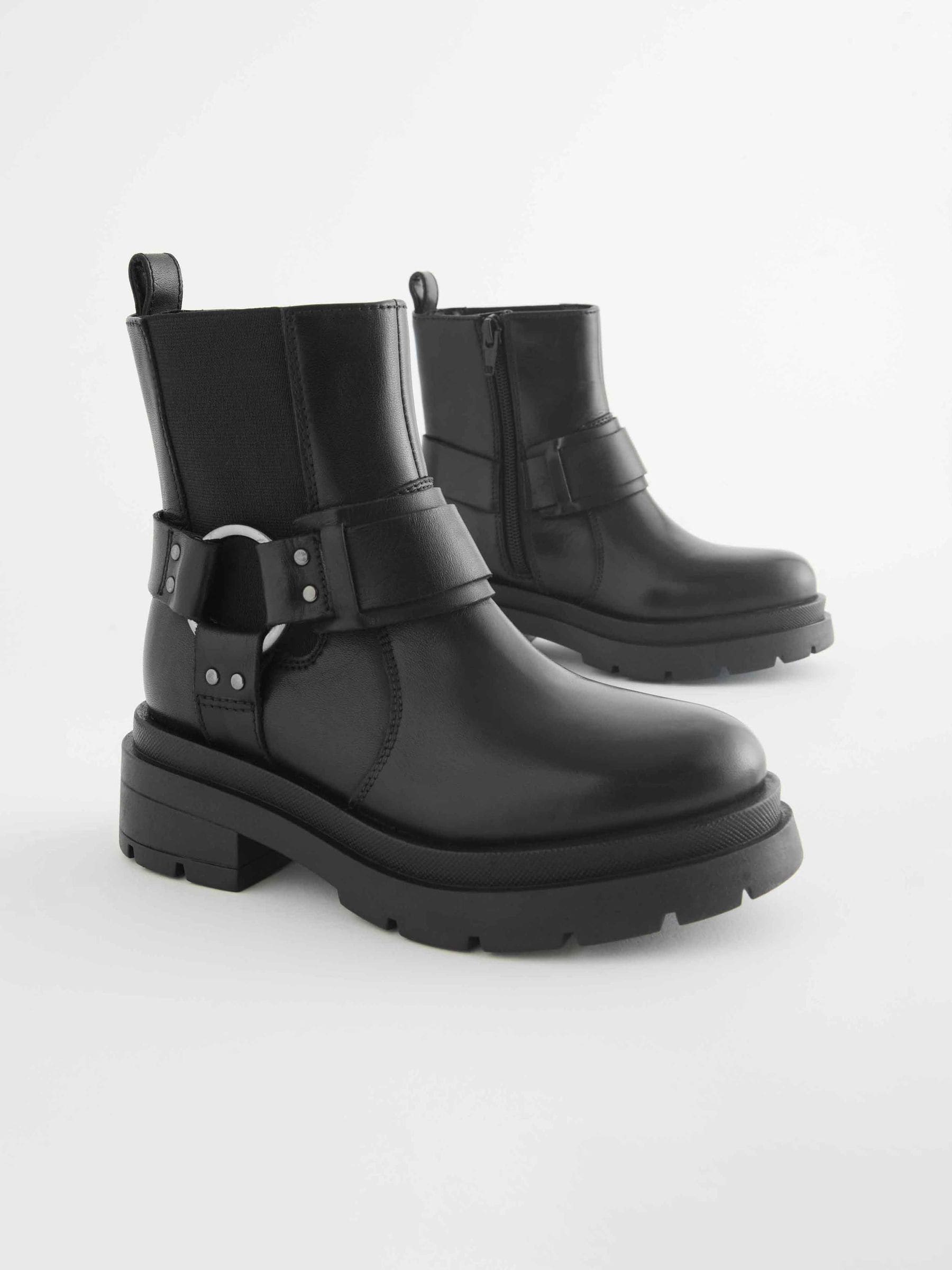 Black Standard Fit F Leather Chunky Biker Boots