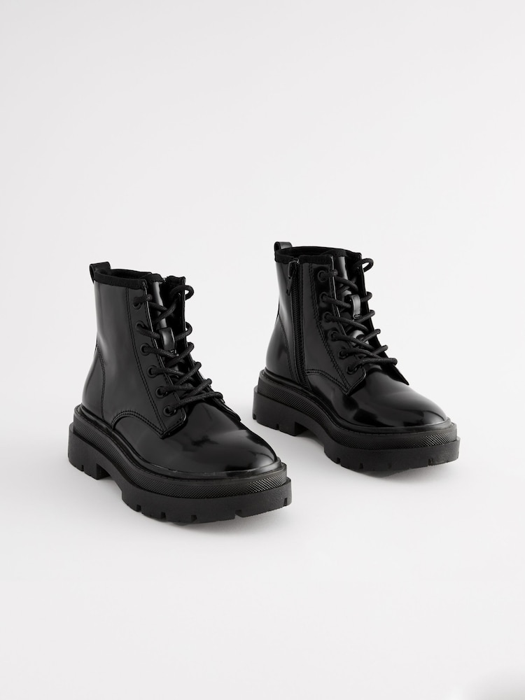 Black Lace Up Chunky Ankle Boots - Image 1 of 6