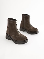 Brown Suede Zip Front Chunky Boots - Image 1 of 6